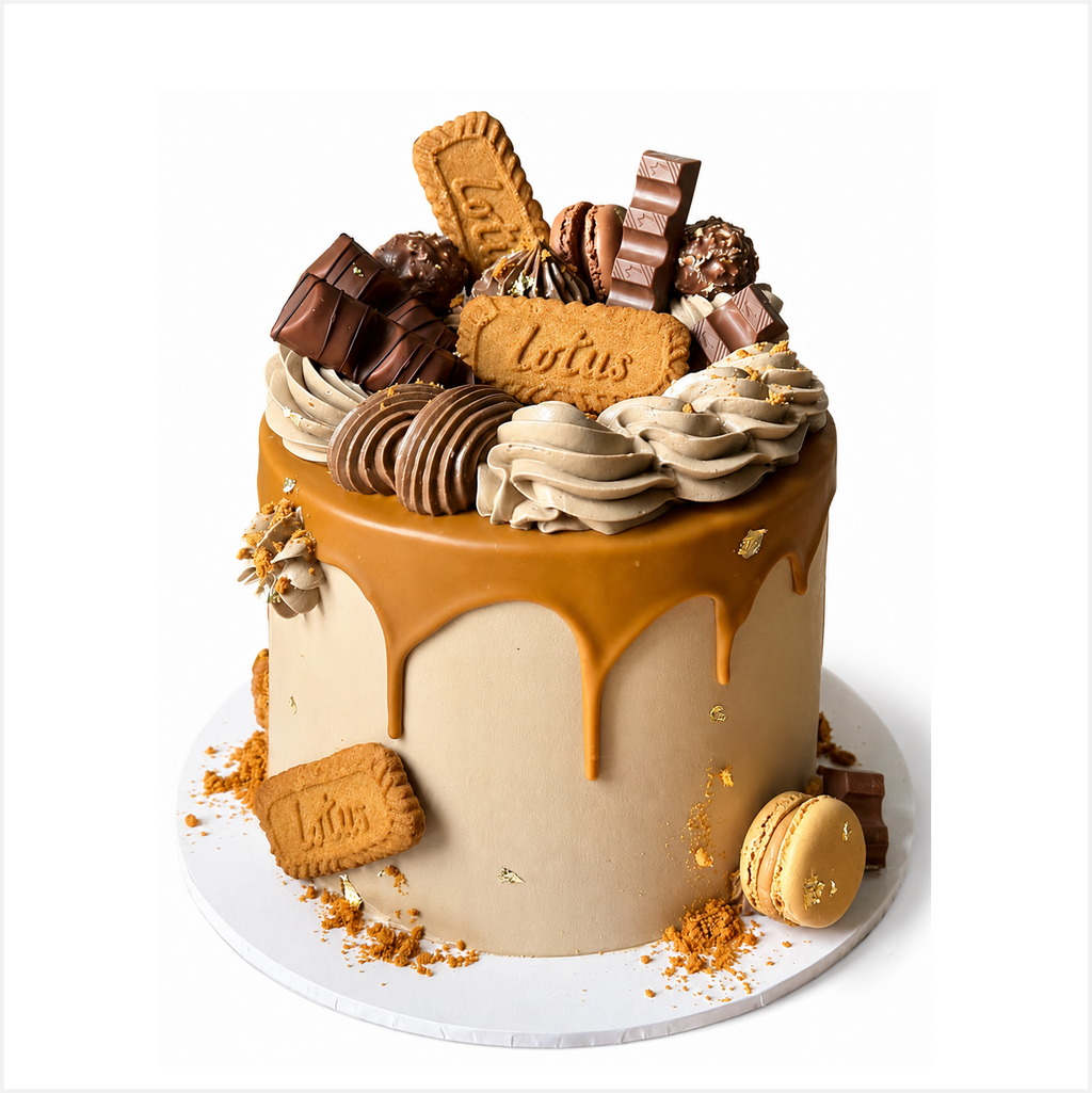 Biscoff buttercream cake with, Biscoff drip, chocolate and biscuit decorations