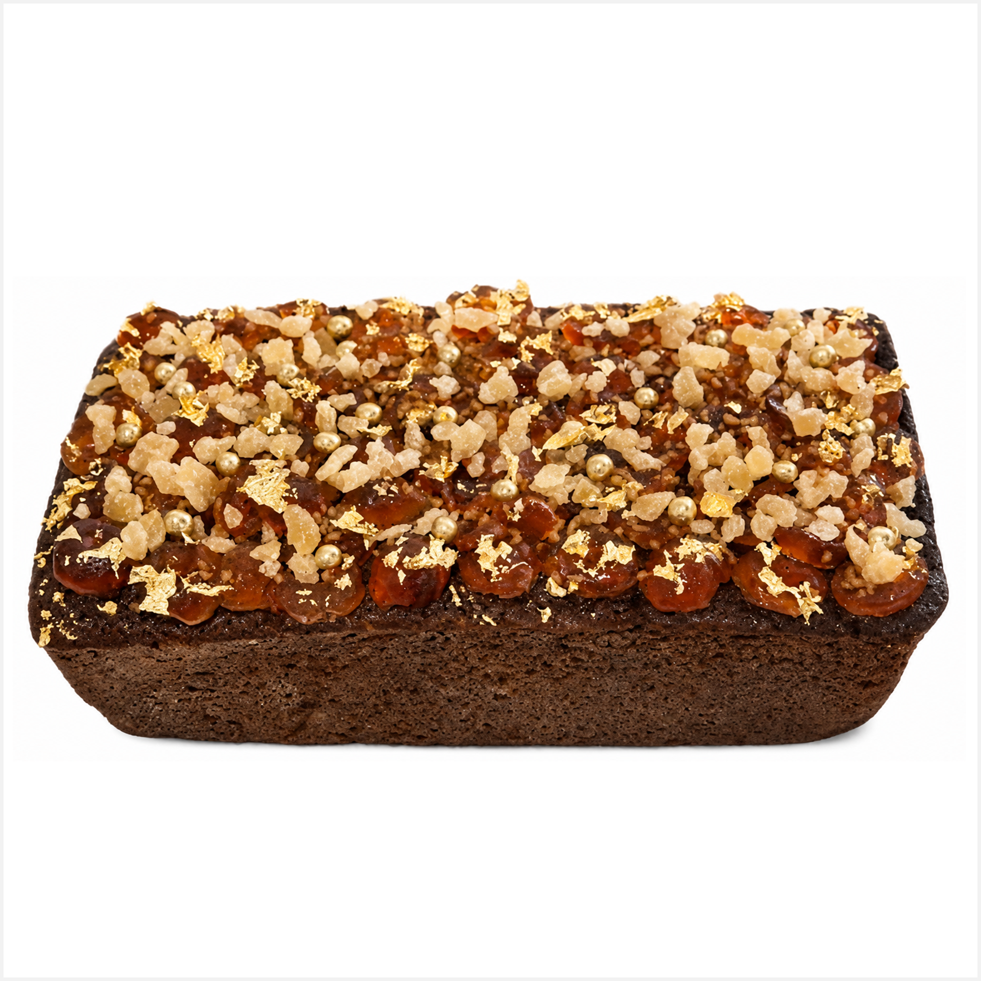A rich Caribbean Fruitbun, with Guiness Stout, mixed fruits and spices. Topped with glace cherries, sugared ginger pieces, gold leaf and gold balls. Great for Corporate gifting.