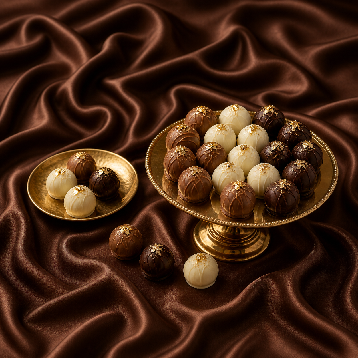 Handmade chocolate truffles in milk chocolate, dark chocolate and white chocolate. Pistachio, Salted Caramel, Coffee, Mint Crisp, Coffee and Coconut. Decorated with delicate gold leaf.