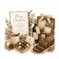 Christmas hamper filled with festive foods including chocolates, caribbean bun, mulled wine, cake cups