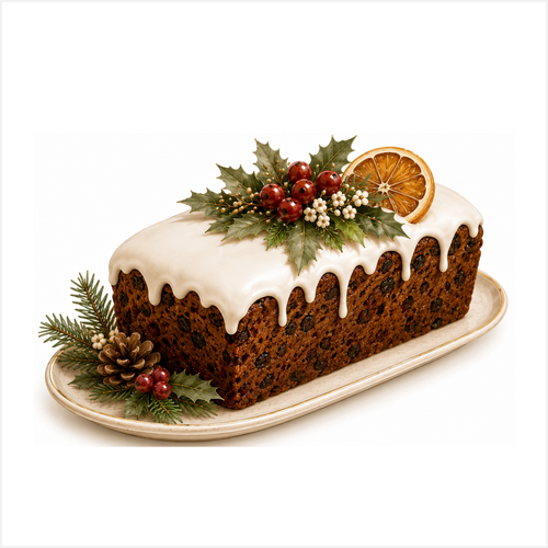 Christmas Bun with soft delicious white icing, decorated with holly, berries and dried orange