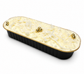 An elegant tray of Coconut sponge cake, covered in coconut buttercream, topped wth white coconut flakes, edible gold balls, white sugar crunch, and edible glitter. Perfect for corporate gifting, desk drops, product launches and hospitality gifting.