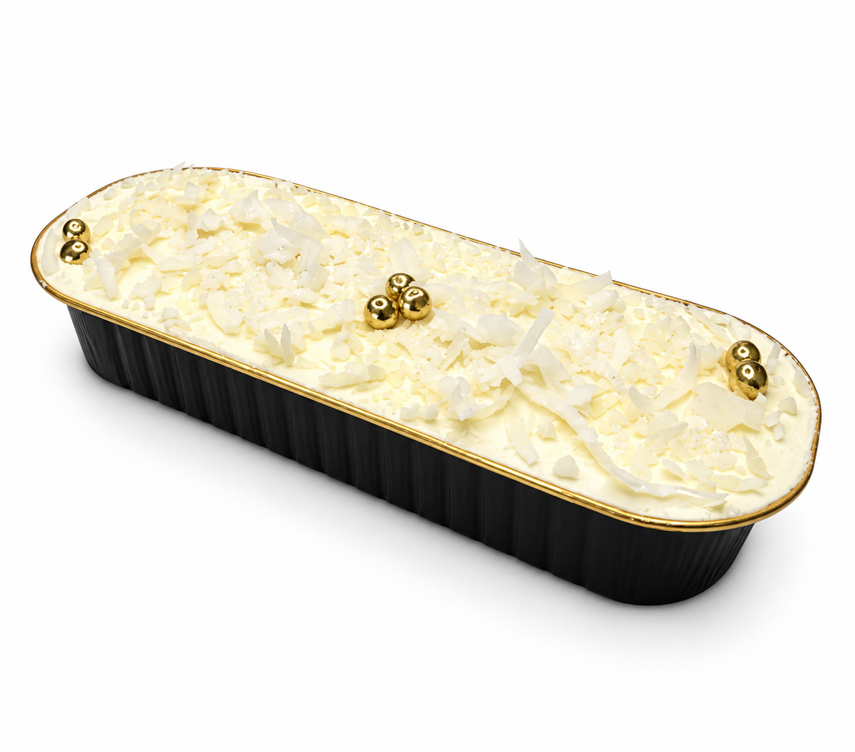 An elegant tray of Coconut sponge cake, covered in coconut buttercream, topped wth white coconut flakes, edible gold balls, white sugar crunch, and edible glitter. Perfect for corporate gifting, desk drops, product launches and hospitality gifting.