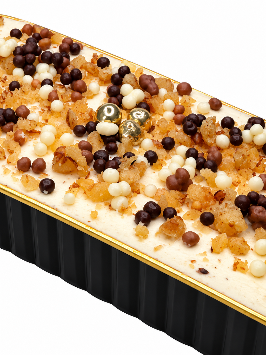 An elegant tray of Coffee sponge cake, covered in coffee buttercream, topped wth mini chocolate balls and crushed walnuts.  Perfect for corporate gifting, desk drops, product launches and hospitality gifting.