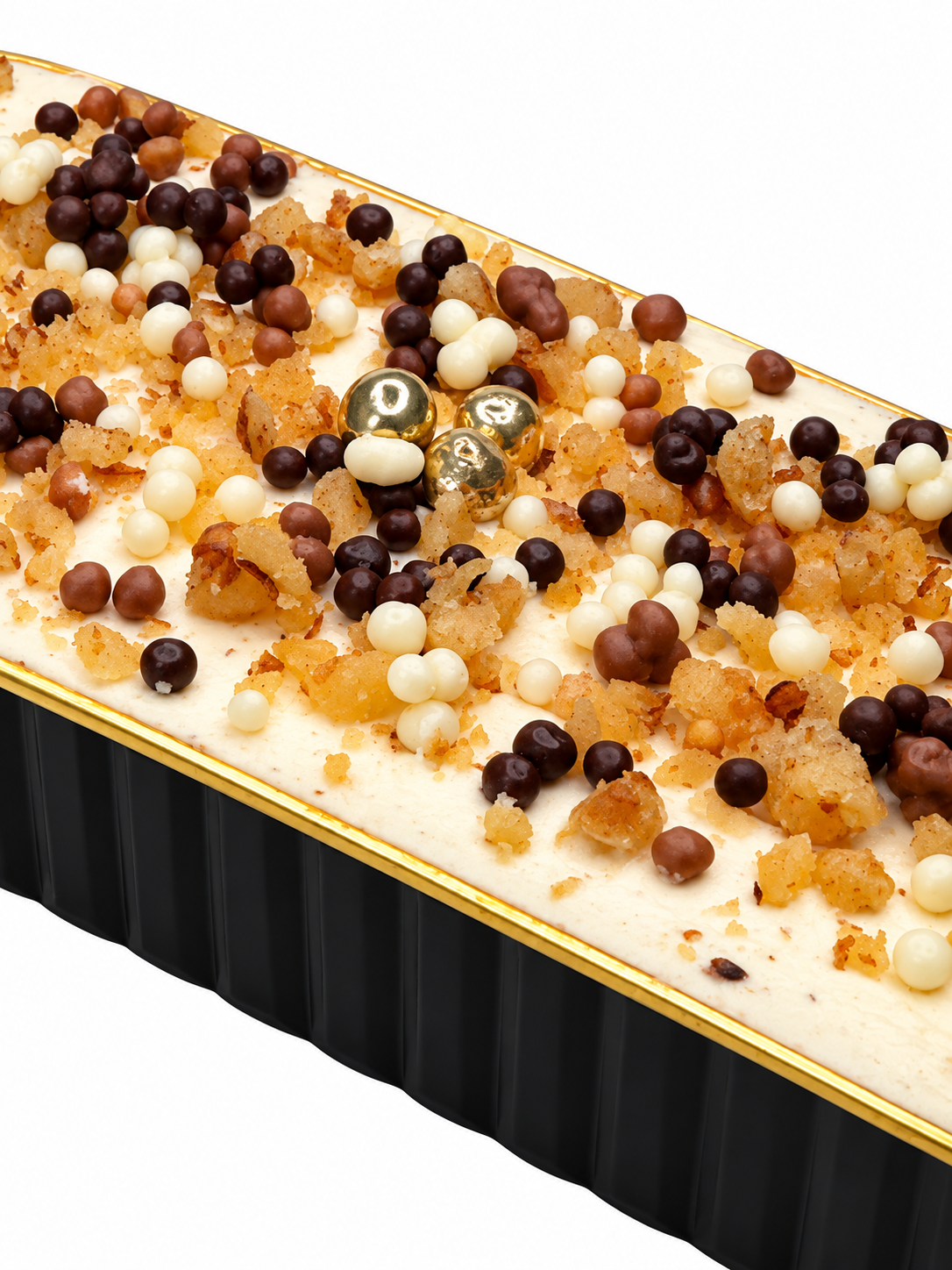 An elegant tray of Coffee sponge cake, covered in coffee buttercream, topped wth mini chocolate balls and crushed walnuts.  Perfect for corporate gifting, desk drops, product launches and hospitality gifting.