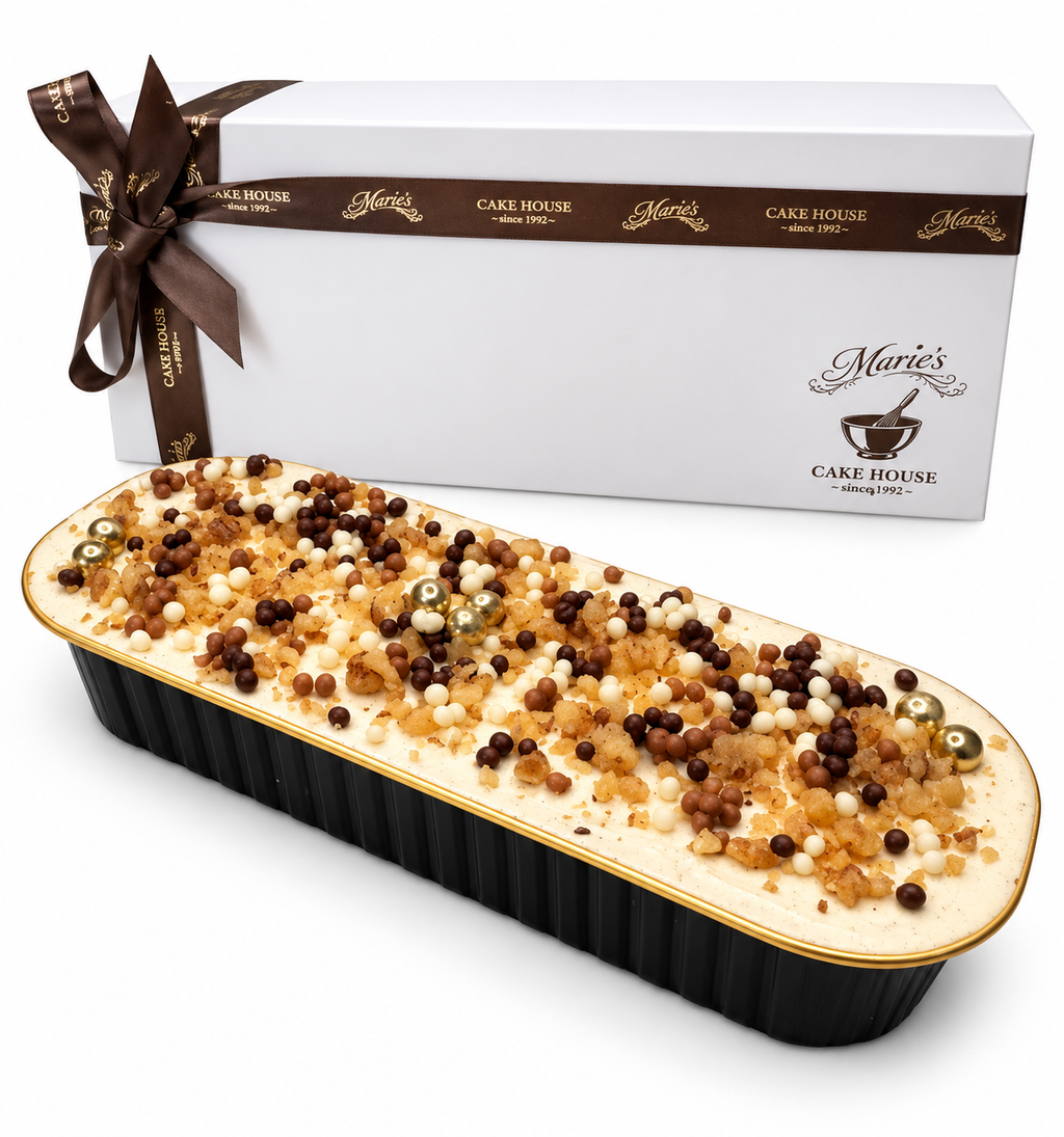 An elegant tray of Coffee sponge cake, covered in coffee buttercream, topped wth mini chocolate balls and crushed walnuts.  Perfect for corporate gifting, desk drops, product launches and hospitality gifting.