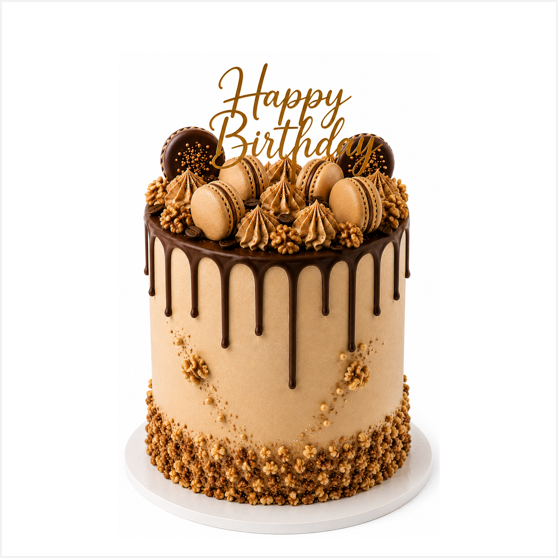 Coffee & Walnut buttercream cake with macarons, chocolate drip, and walnut decorations