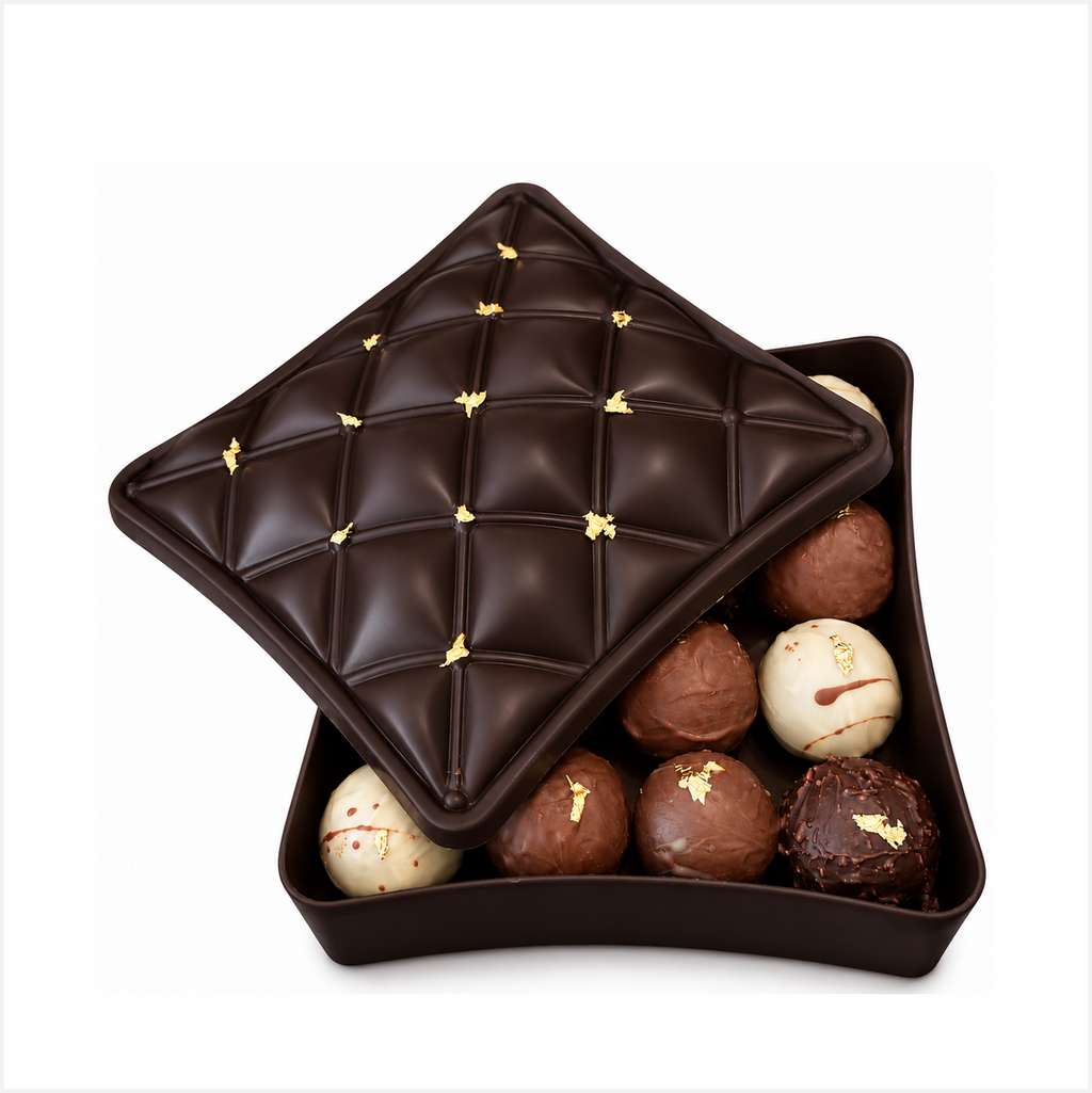 A delicous dark chocolate trinket box with assorted milk, white and dark chocolate truffles. Decorated with speckles of edible gold leaf. Perfect for Corporate gifting.