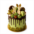 Pistacho sponge cake, covered with pistachio buttercream, topped with pistachio kernals, white chocolate fingers and decorations. Perfect for team celebrations and corporate and hospitality gifting