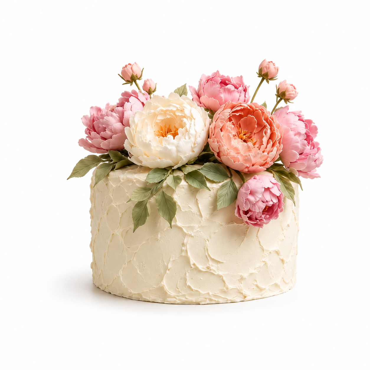 A 3-tiered ivory buttercream cake with ivory silk flower topper