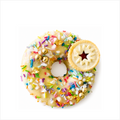 Vanilla sponge cake, covered with a white icing glaze and topped with multi-coloured sprinkles, gold ball and mini jammy dodger biscuit. Perfect for corporate gifting and desk drops