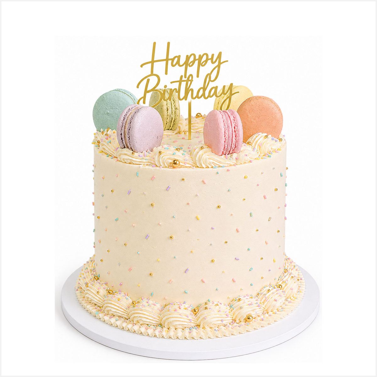A vanilla sponge cake with sprinkled vanilla buttercream and decorations on top. Perfect for team celebrations, corporate and hospitality gifting.